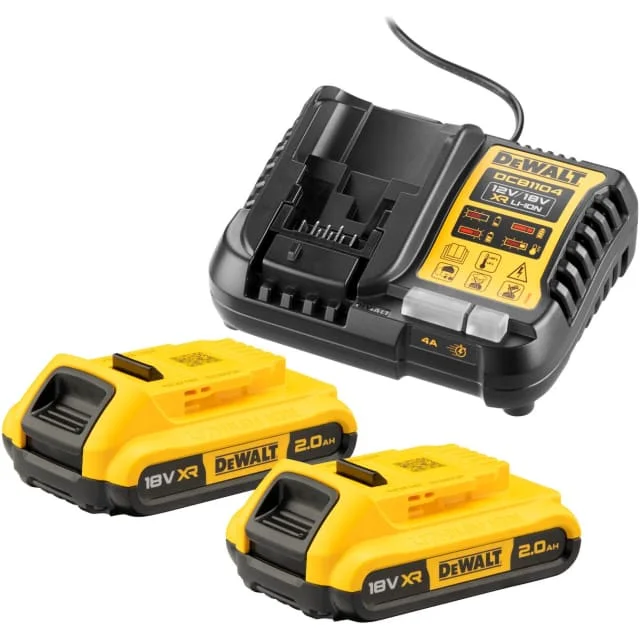 DeWalt 18V XR DCB1104D2-QW batteri- og ladesett, 2 stk. 18V x 2.0 Ah | DCB1104D2-QW DeWalt 18V XR DCB1104D2-QW batteri- og ladesett, 2 stk. 18V x 2.0 Ah | DCB1104D2-QW
