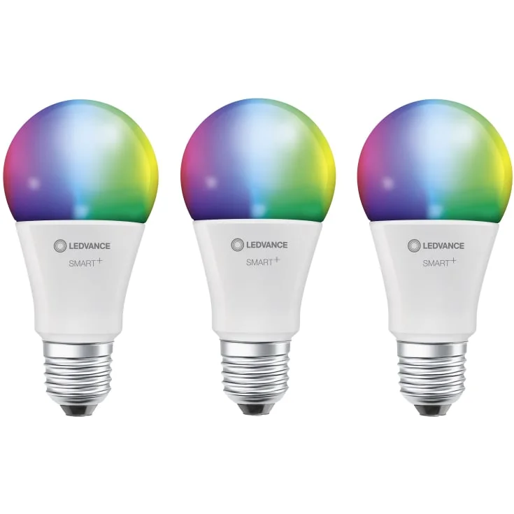 Ledvance Smart+ Wifi E27 standardpære, fargeendring + justerbar hvit, 9W, 3-pak | 4058075778870