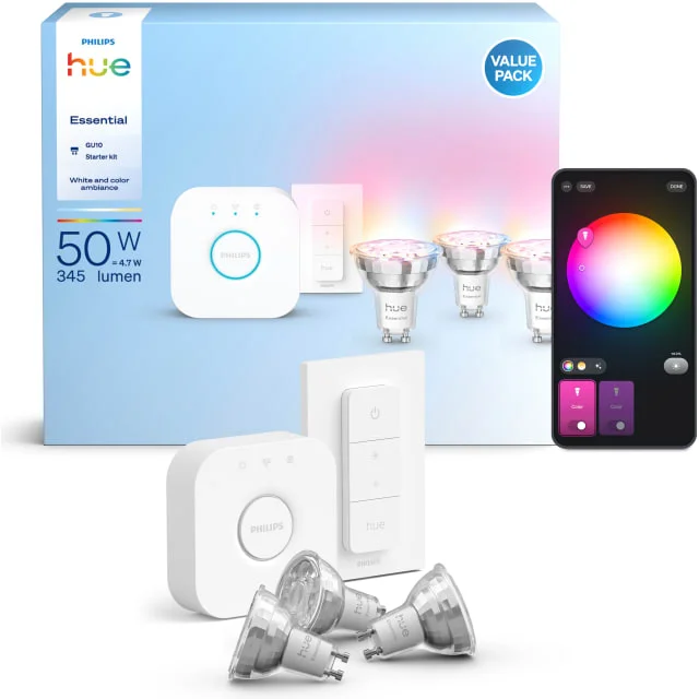 Philips Hue Essential White Colour Ambiance GU10 spotpære, startsett, 3-pakning | 929004235709