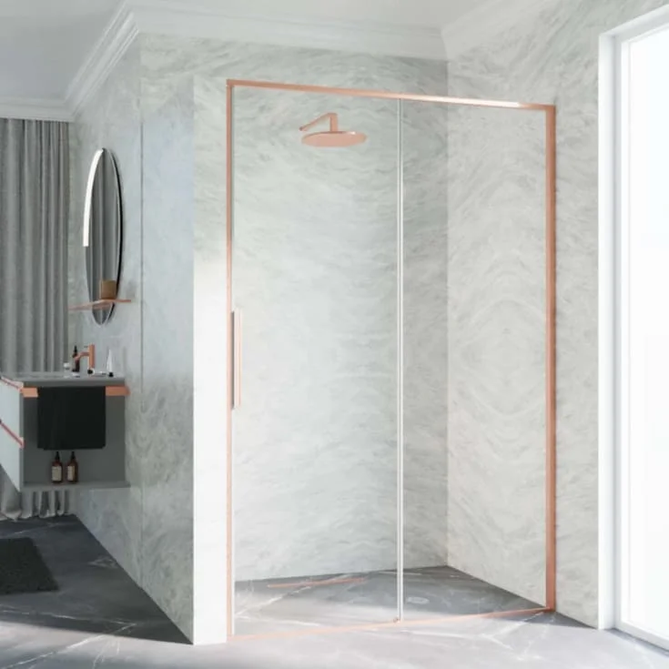 Novellini Riga 2P skyvedør venstre, 136-139 cm, klart glass, børstet kobber profil | RIG2P136S-1R