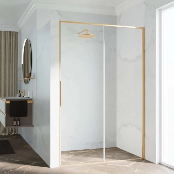 Novellini Riga 2P skyvedør venstre, 109-112 cm, klart glass, børstet messing profil | RIG2P109S-1P