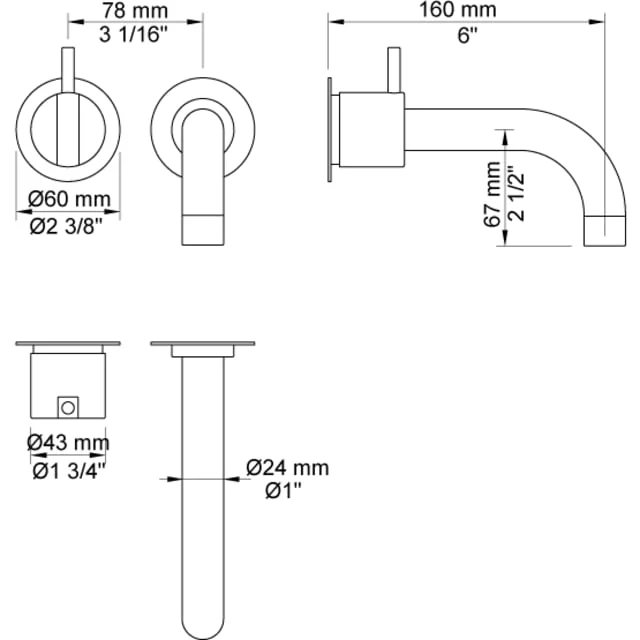 Vola 2111C badekarbatteri, 160 mm tut, krom | 717713700